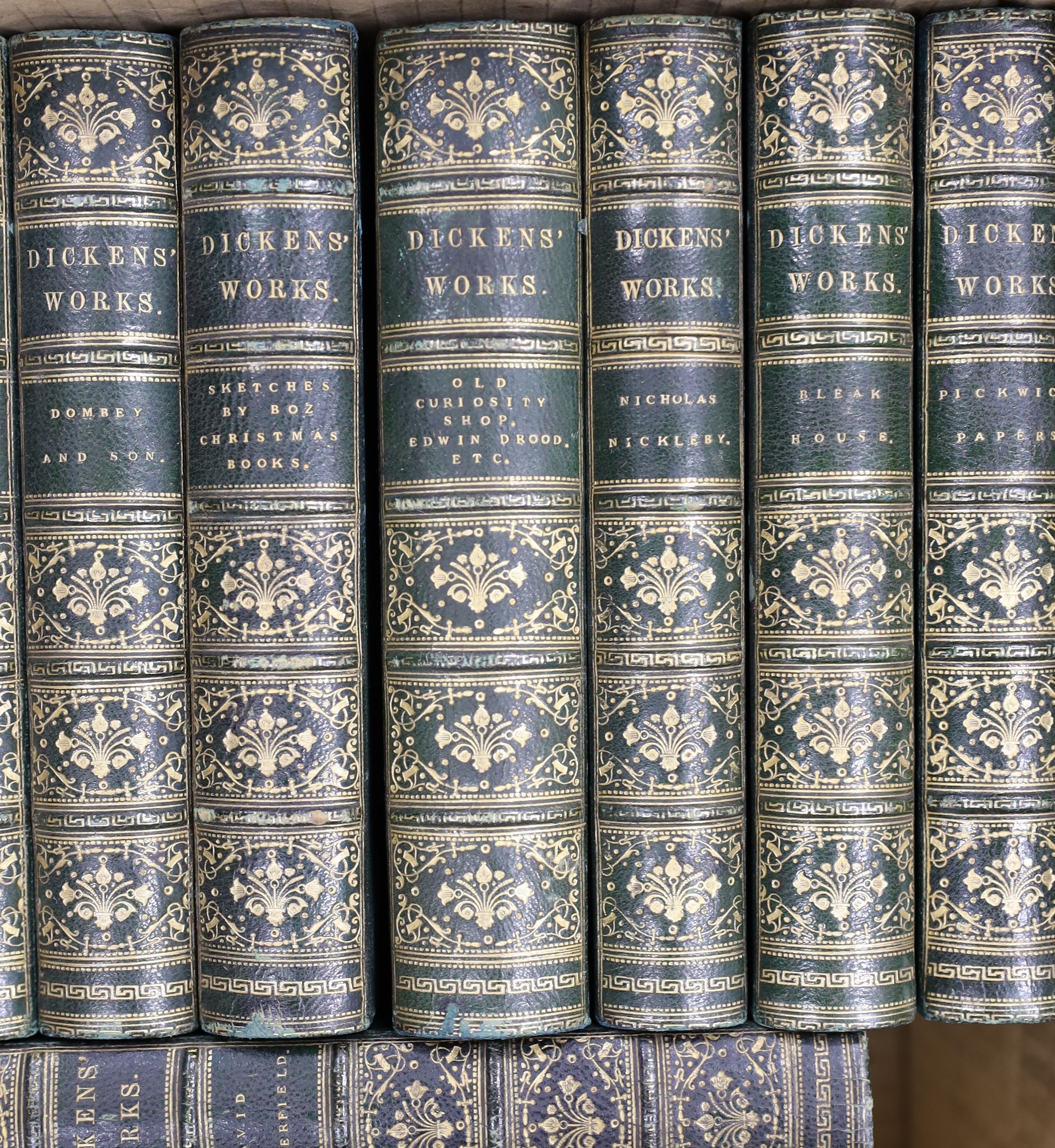 Dickens, Charles - The Charles Dickens Edition, 15 vols (only, ex.21), num. engraved plates; contemp. green half morocco and marbled boards, gilt-decorated and panelled spines, marbled edges and e/ps., cr.8vo (1867-)